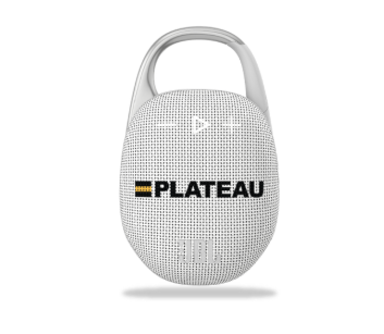 Plateau JBL Clip 5 portable Bluetooth speaker with integrated carabiner, waterproof black wireless speaker featuring the Plateau logo