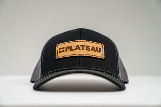 PLATEAU RICHARDSON 112 BLACK & CHARCOAL LEATHER PATCH TRUCKER SNAPBACK CAP