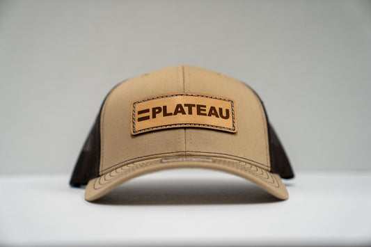 PLATEAU RICHARDSON 112 TAN & BROWN LEATHER PATCH TRUCKER SNAPBACK CAP